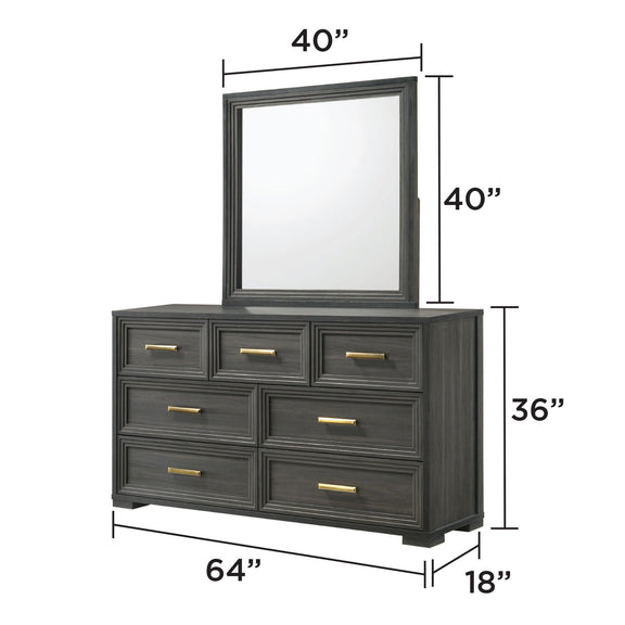 Dark gray dresser with mirror, dimensions 64 in W x 18 in D x 36 in H