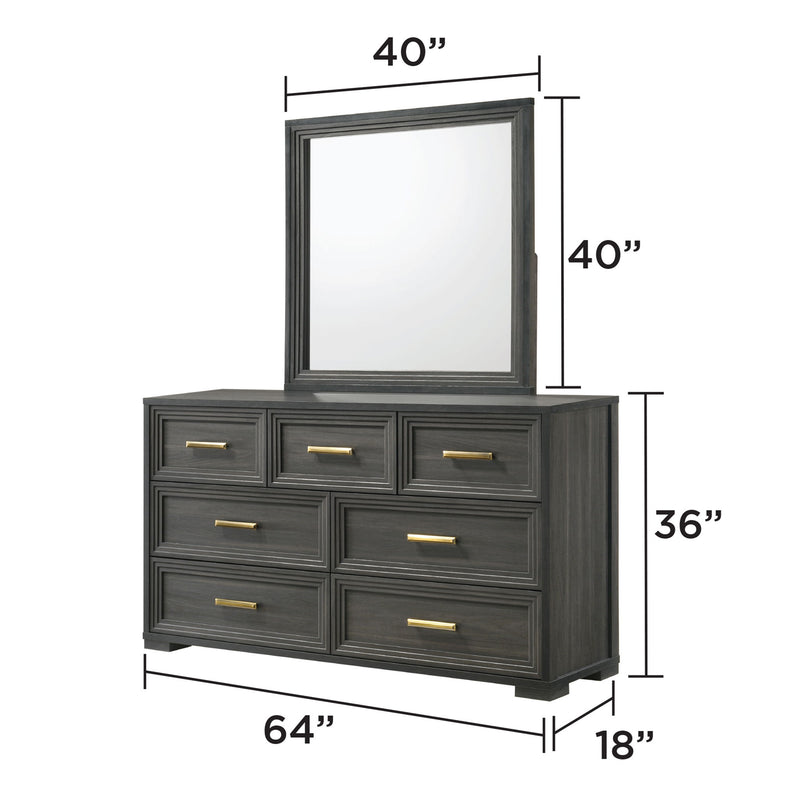 Dark gray dresser with mirror, dimensions 64 in W x 18 in D x 36 in H