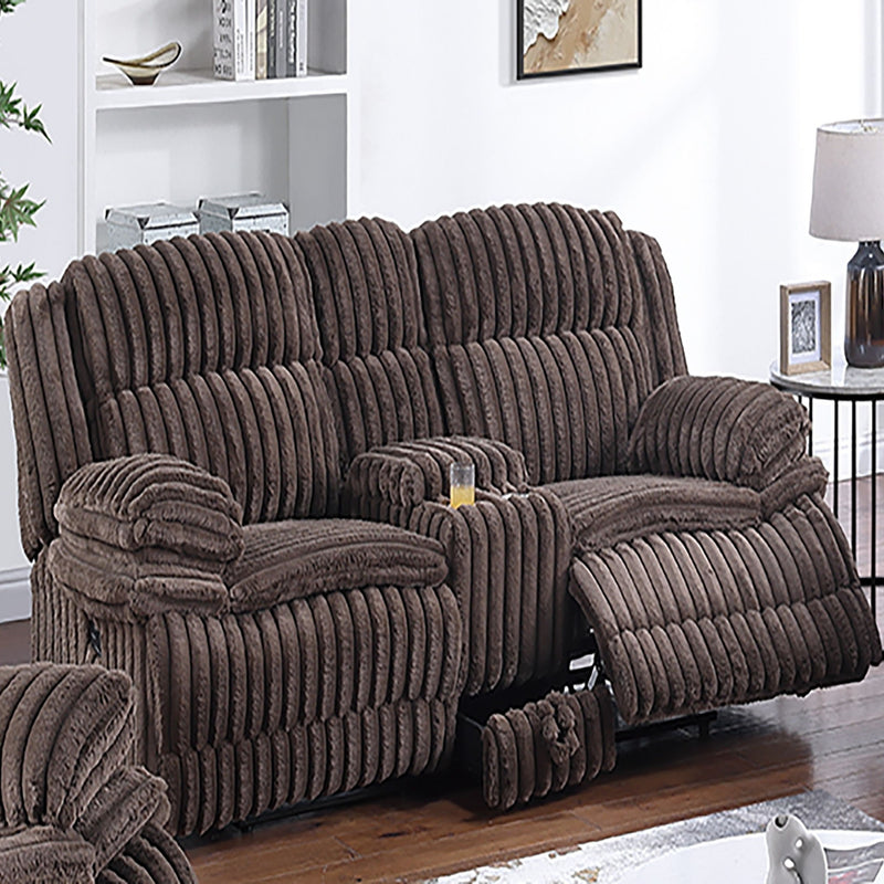 Dark brown corduroy loveseat with console storage, wide arms, and plush seat cushions