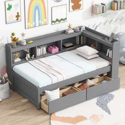 Twin Size L-shaped Bookcases Bed with Power Outlets, USB Charging Ports, Two Drawers, Grey