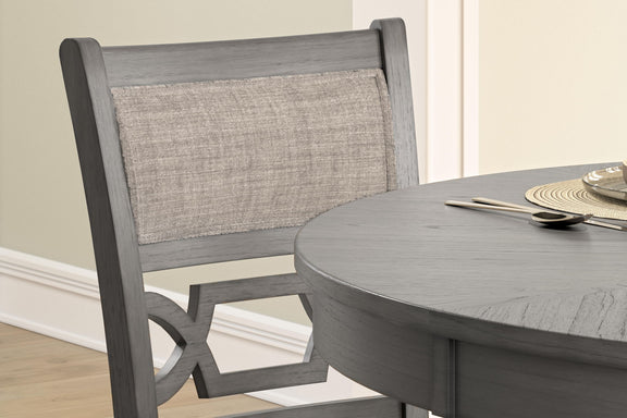 Gray counter table with round top and fabric-back stool detail