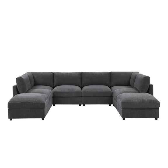 Gray sectional sofa with corner chaise ottomans and square armrests
