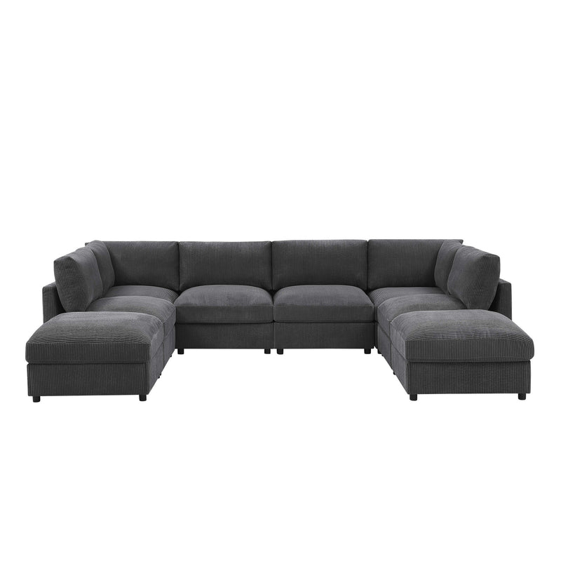 Gray sectional sofa with corner chaise ottomans and square armrests