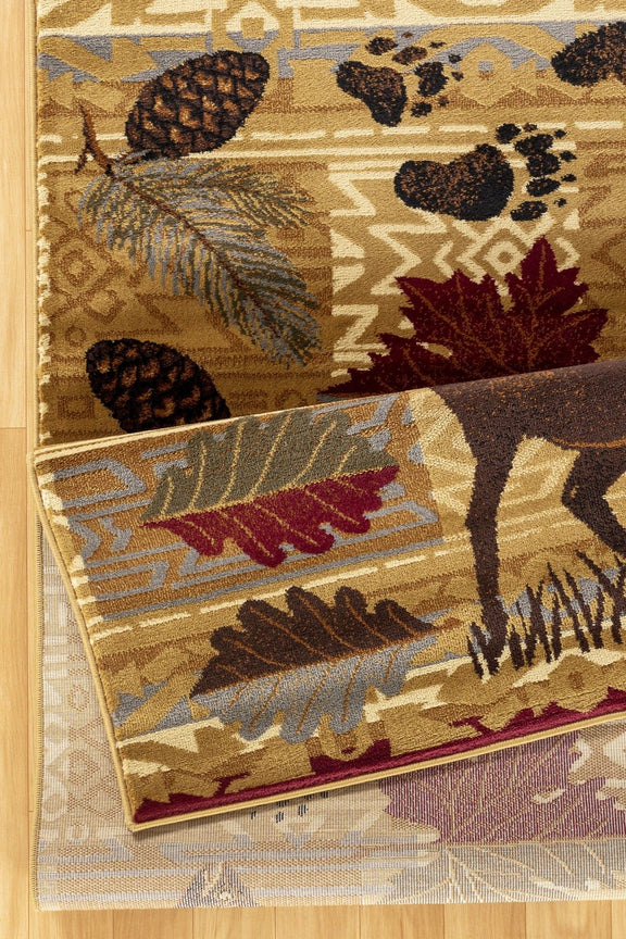 Beige rug corner close-up with woven texture, wildlife and leaf pattern, bordered edge