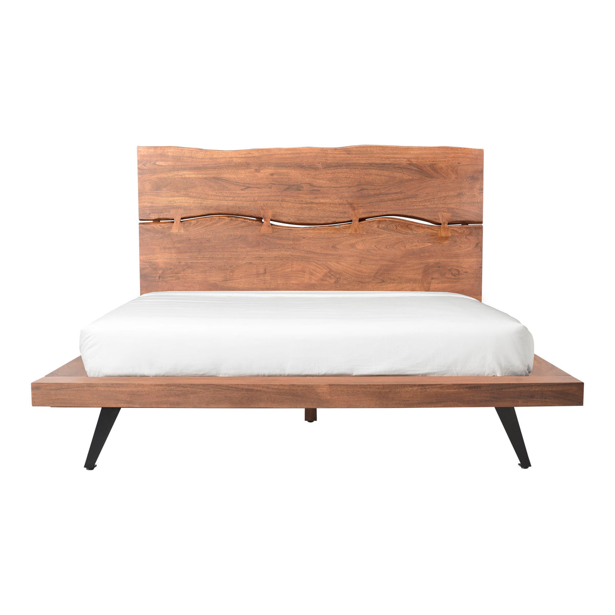 Queen platform bed with light brown wood frame, curved headboard, and white mattress