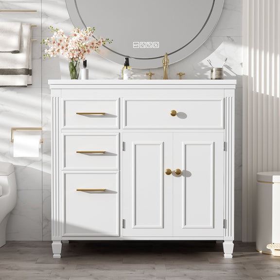 White bathroom vanity with sink, 3 drawers, double doors, gold knobs and pulls