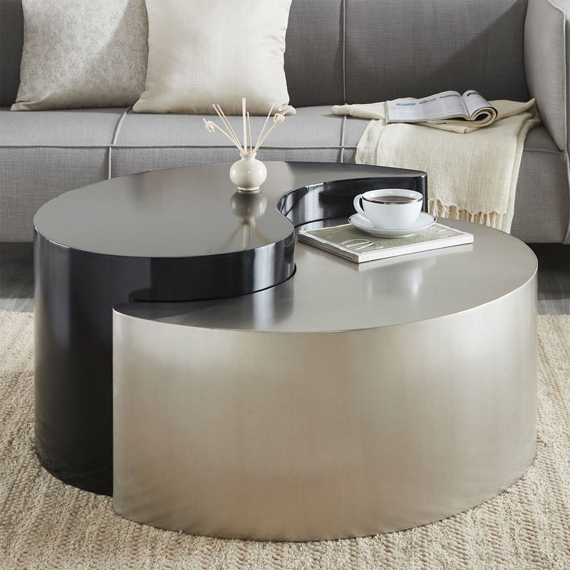 Round coffee side table with pearl silver base and black circular tabletop