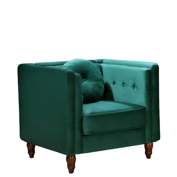 Dark green tufted square-arm accent side chair with cushioned seat and arms