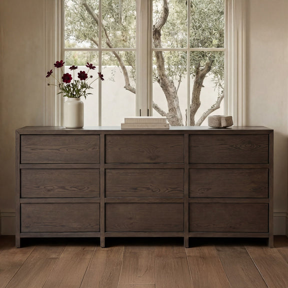 Brown 9-drawer dresser with nine recessed drawers in a 3x3 arrangement