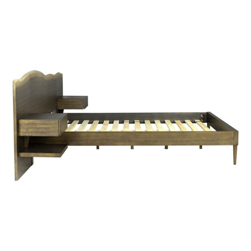 Queen Size Platform Bed Frame With Live Edge Headboard, Built In Nightstands - Dark Brown