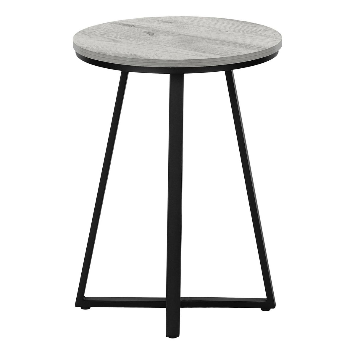 Light gray round accent side table with flat circular top and black tapered legs