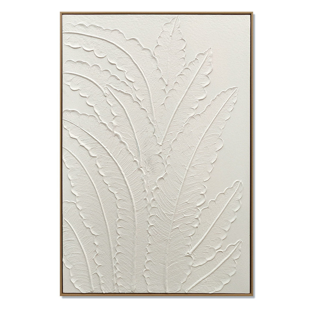 Framed Botanical Leaf Wall Art, Thick Textured Canvas Painting, Neutral Decor For Living Room - White