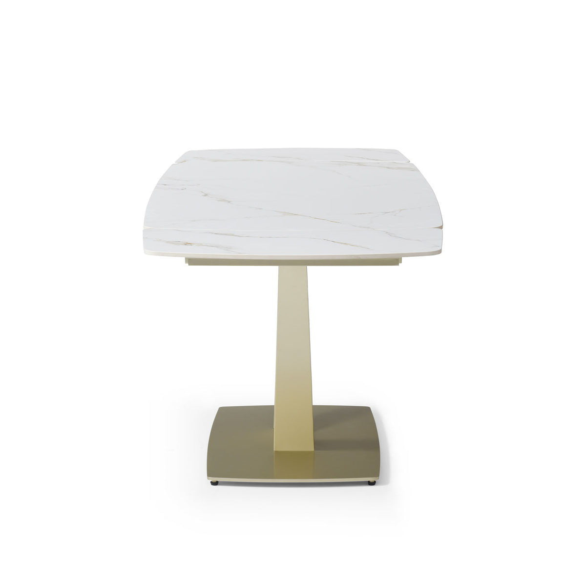 Dining table with rounded white marble-look top and gold pedestal base, front view