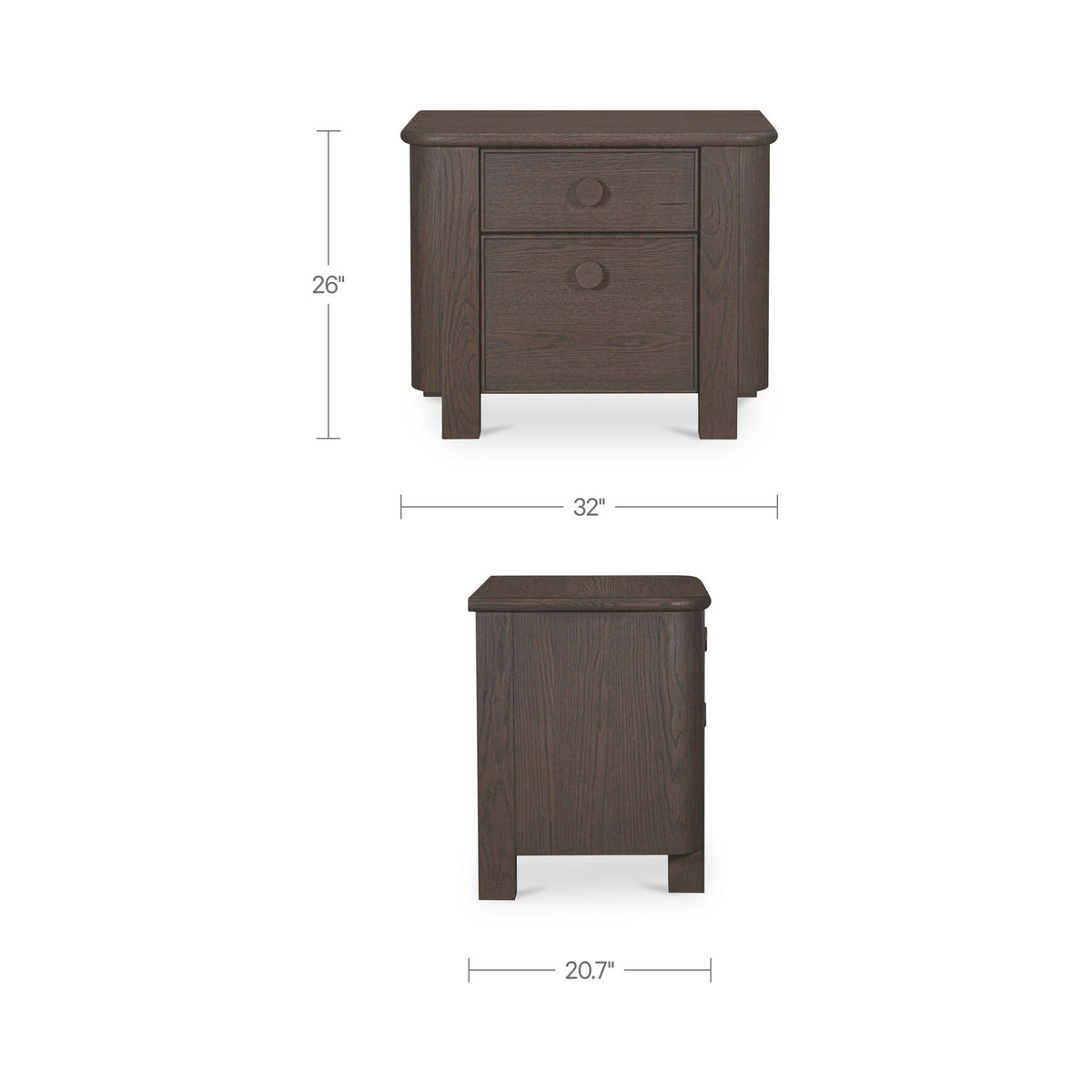 Dark brown large nightstand with two drawers and tapered legs