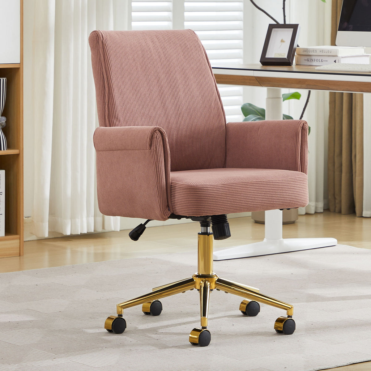 Pink ergonomic mid-back office chair with padded armrests, height-adjust base and rolling casters