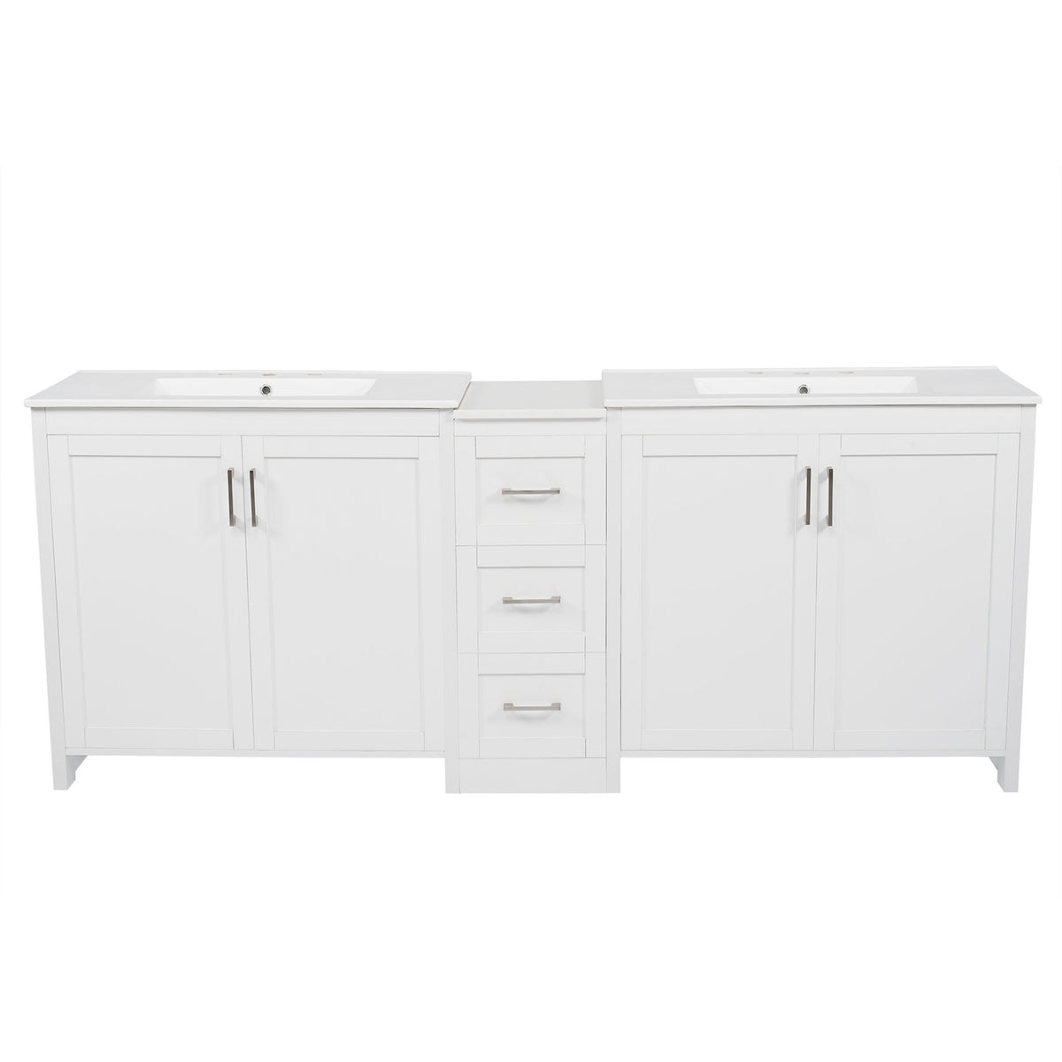White double-sink bathroom vanity with quartz countertop, center drawer, and brushed metal pulls.