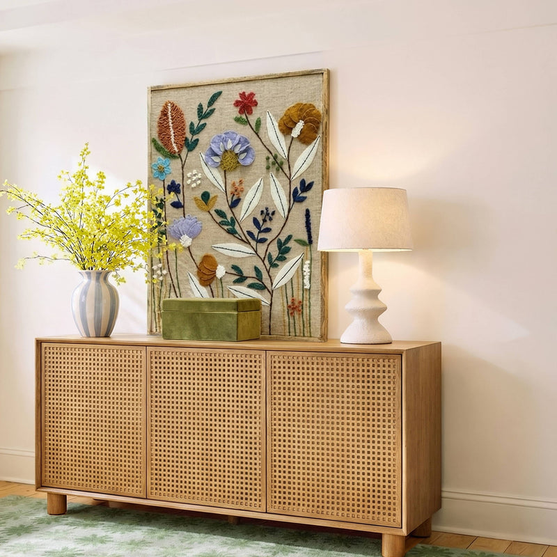 Natural 3-door sideboard with woven rattan doors and solid wood legs