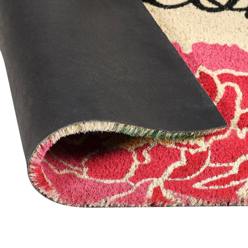 Coir doormat corner with pink peony print and fringed edge