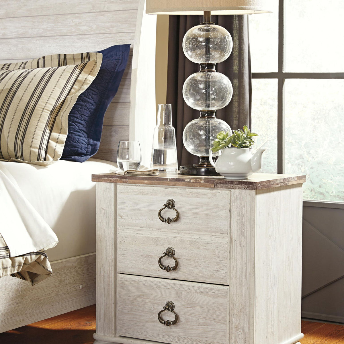 Willowton - Two Drawer Night Stand - Brown / Beige / White