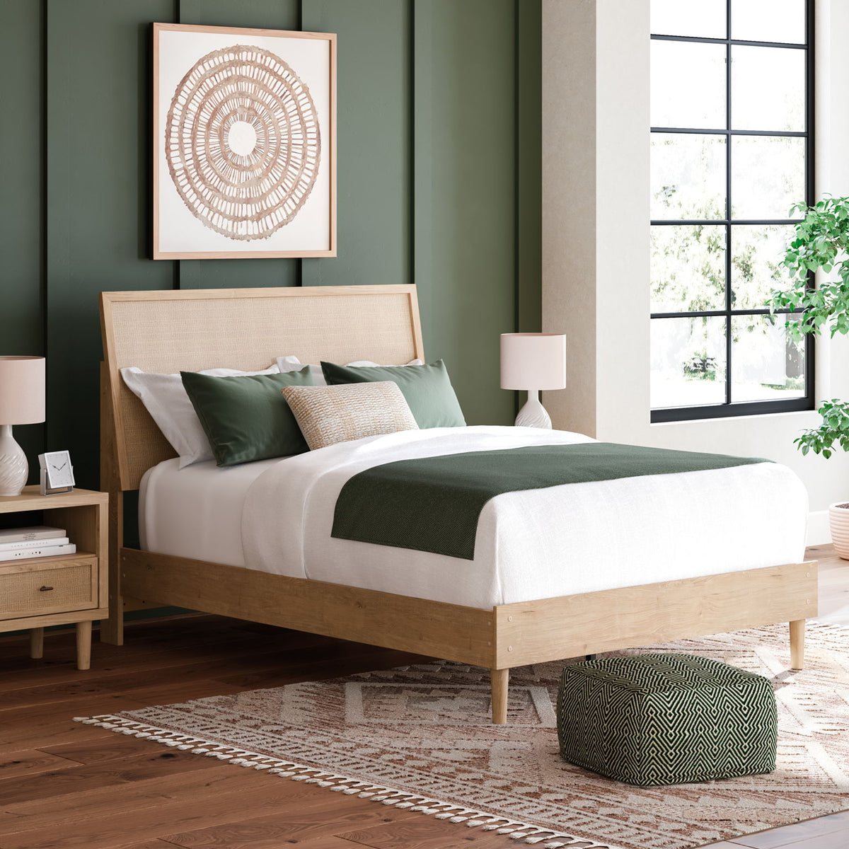 Beige panel bed with upholstered headboard, white bedding, and wooden frame
