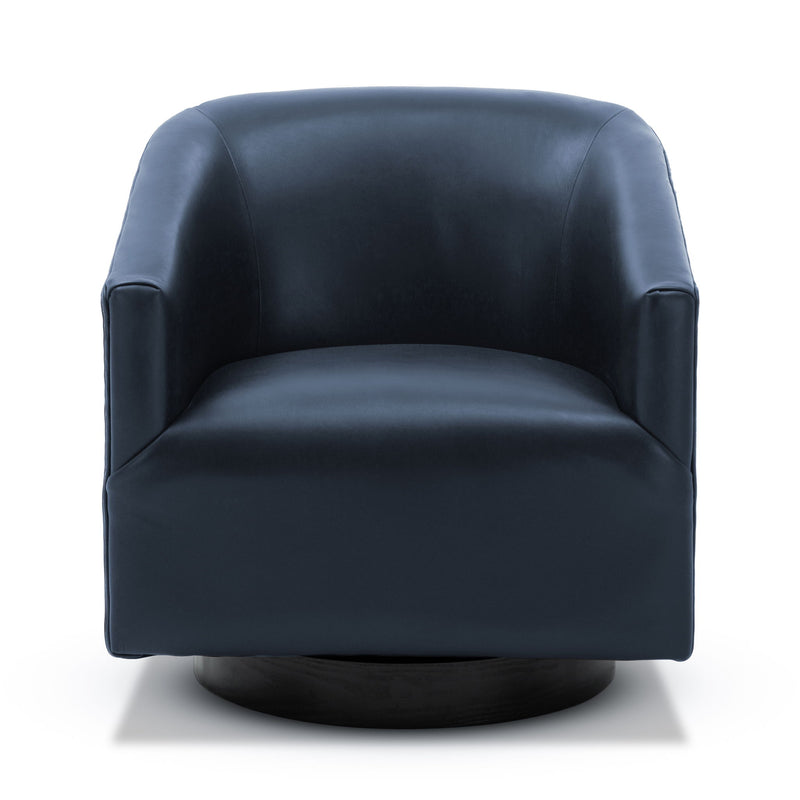Navy faux leather swivel accent chair, rounded arms and cushioned seat