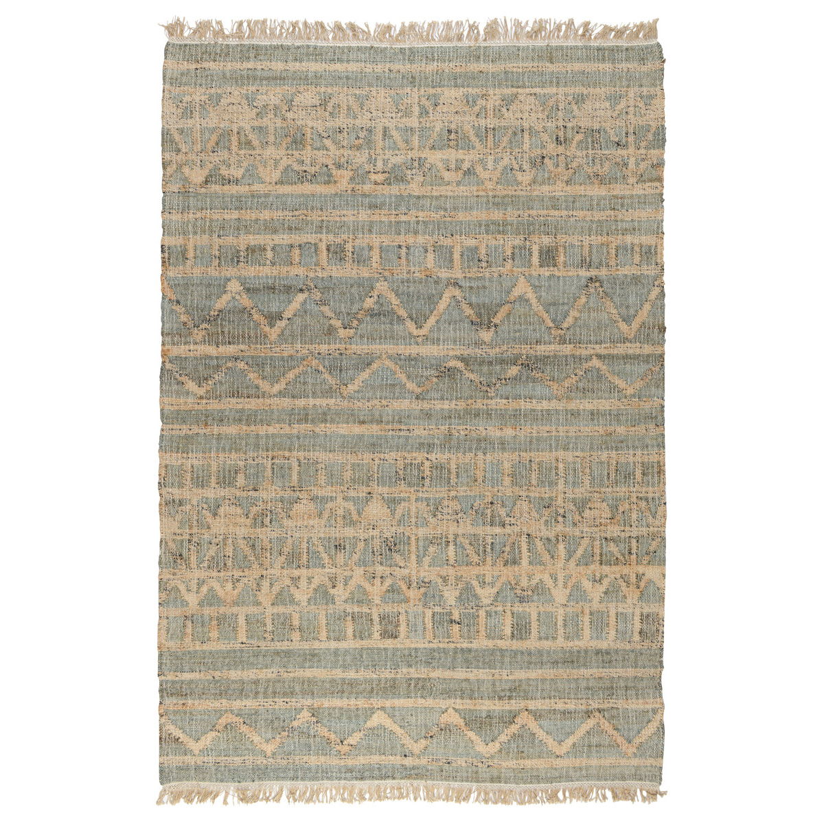 Port distressed rug with faded beige tones, geometric motifs, and short fringed ends