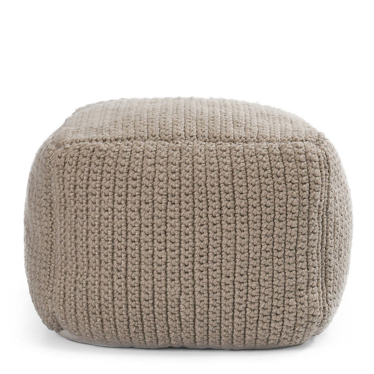 Natural beige knitted pouf with ribbed texture and rounded cylindrical shape