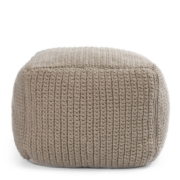 Natural beige knitted pouf with ribbed texture and rounded cylindrical shape