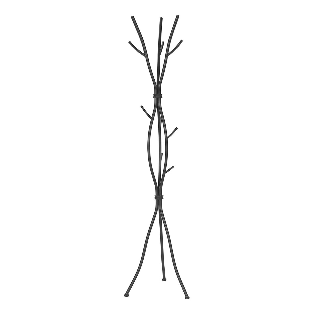 Black free-standing coat rack with multiple curved hooks on tripod-style legs