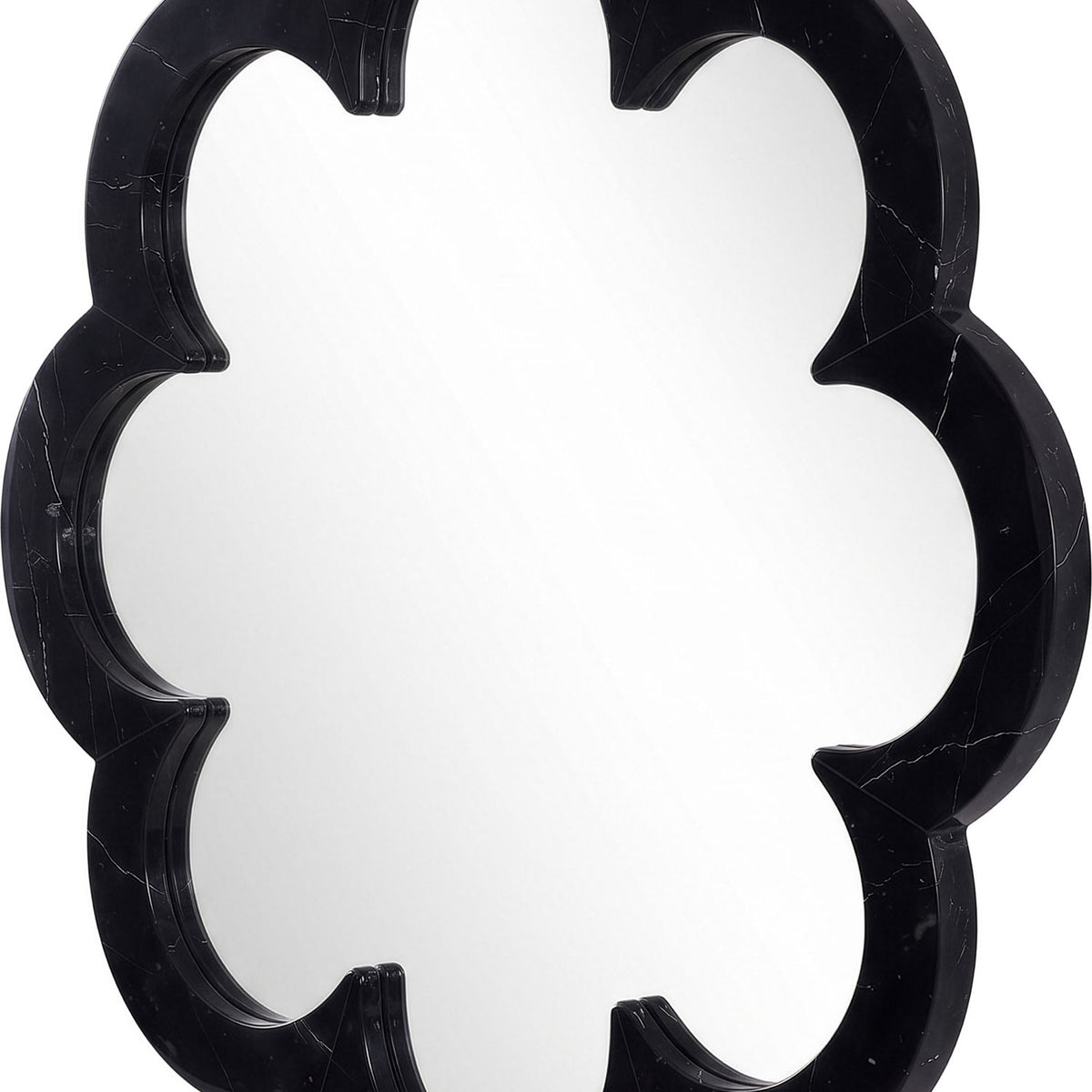 Black cloud-shaped frame mirror with rounded scalloped corners and clear reflective glass