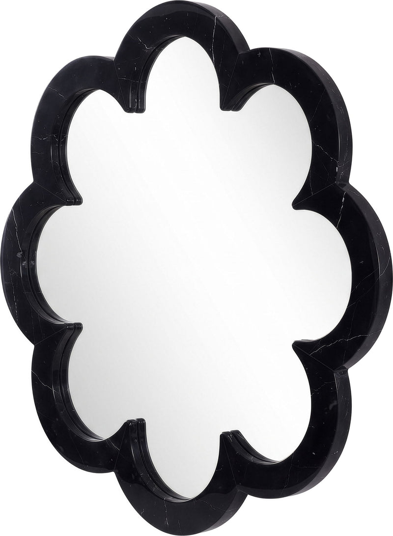 Black cloud-shaped frame mirror with rounded scalloped corners and clear reflective glass