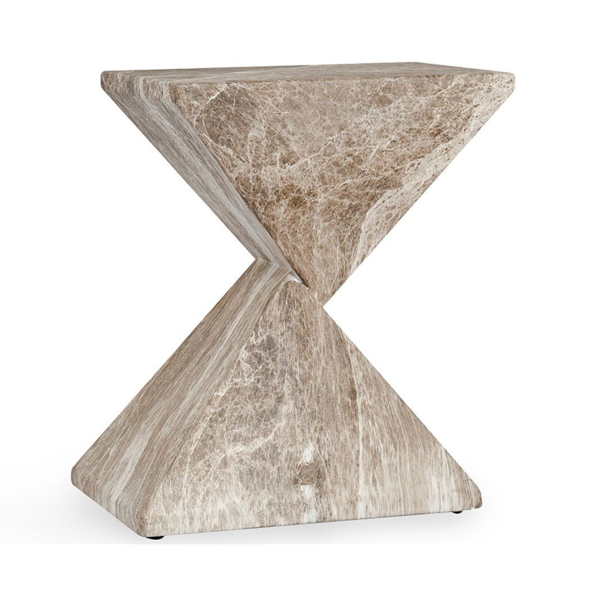 Hourglass outdoor concrete accent table with mottled brown and ivory finish, triangular top