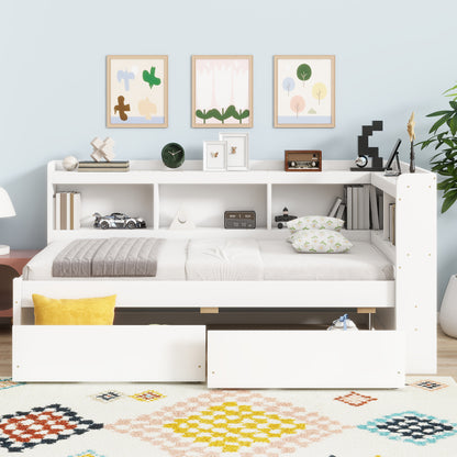 Twin Size L-shaped Bookcases Bed with Power Outlets, USB Charging Ports, Two Drawers, White