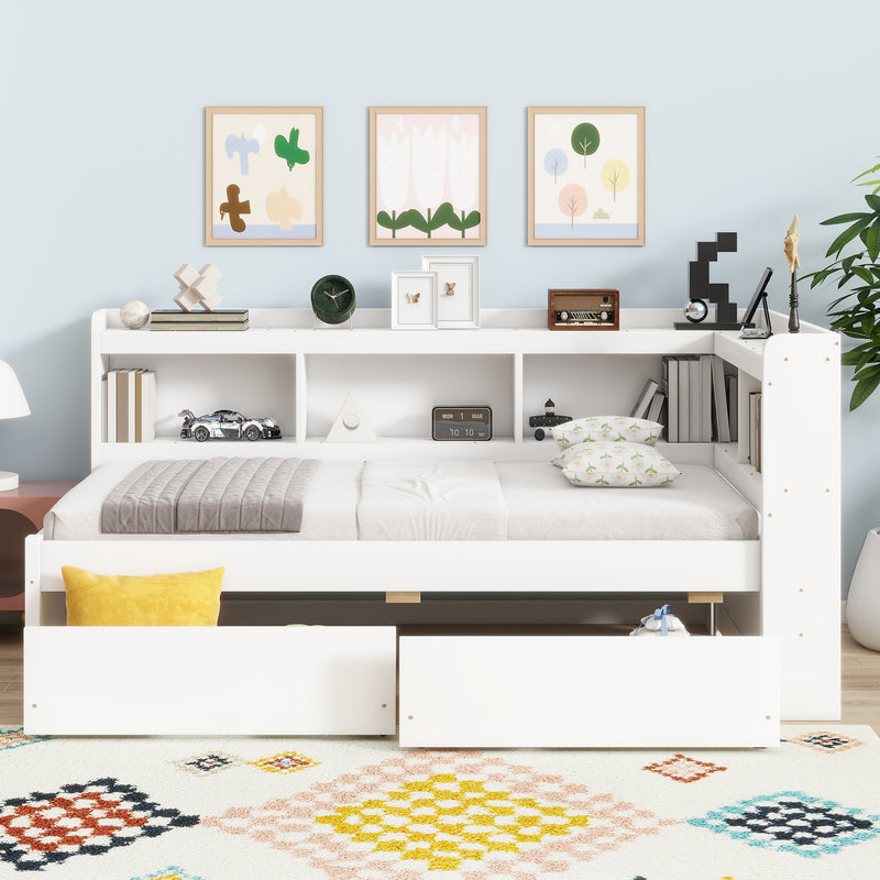 Twin Size L-shaped Bookcases Bed with Power Outlets, USB Charging Ports, Two Drawers, White