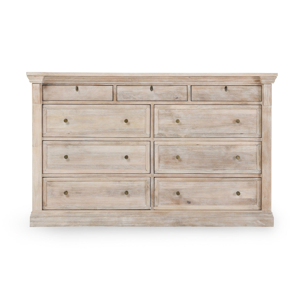 Natural cream wash 9-drawer dresser with bronze-tone knobs and symmetrical drawer fronts
