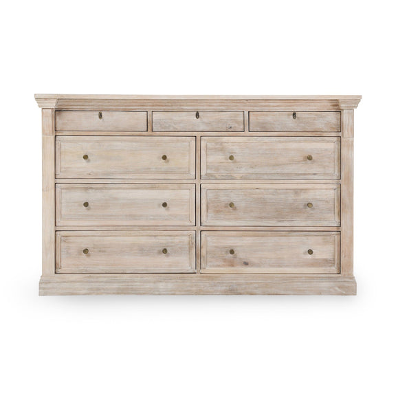 Natural cream wash 9-drawer dresser with bronze-tone knobs and symmetrical drawer fronts