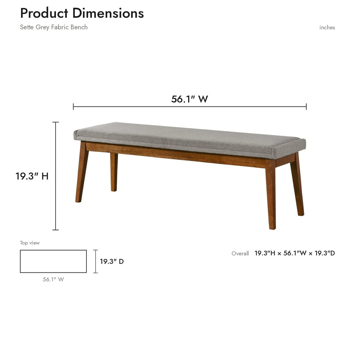 Ash gray upholstered bench with padded seat and dark wood tapered legs