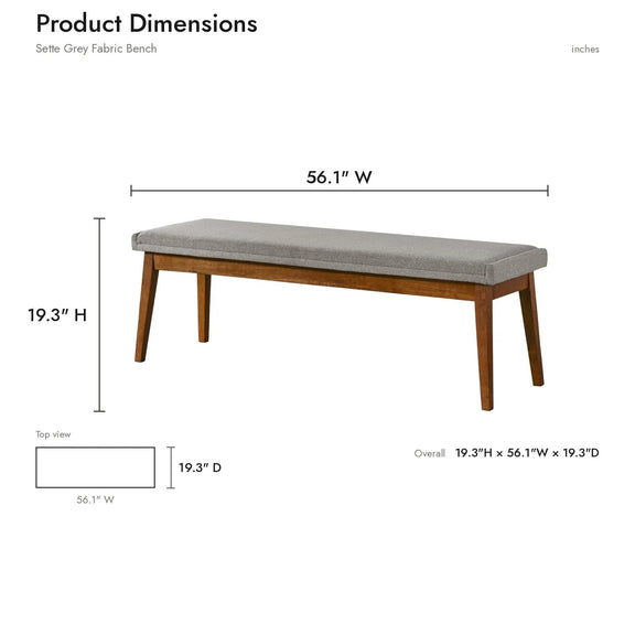 Ash gray upholstered bench with padded seat and dark wood tapered legs