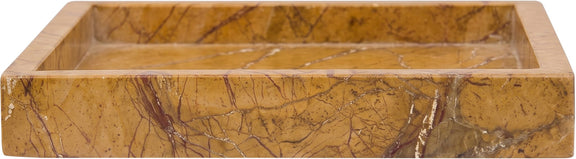 Yellow and tan marble tray with raised sides and swirling vein details.