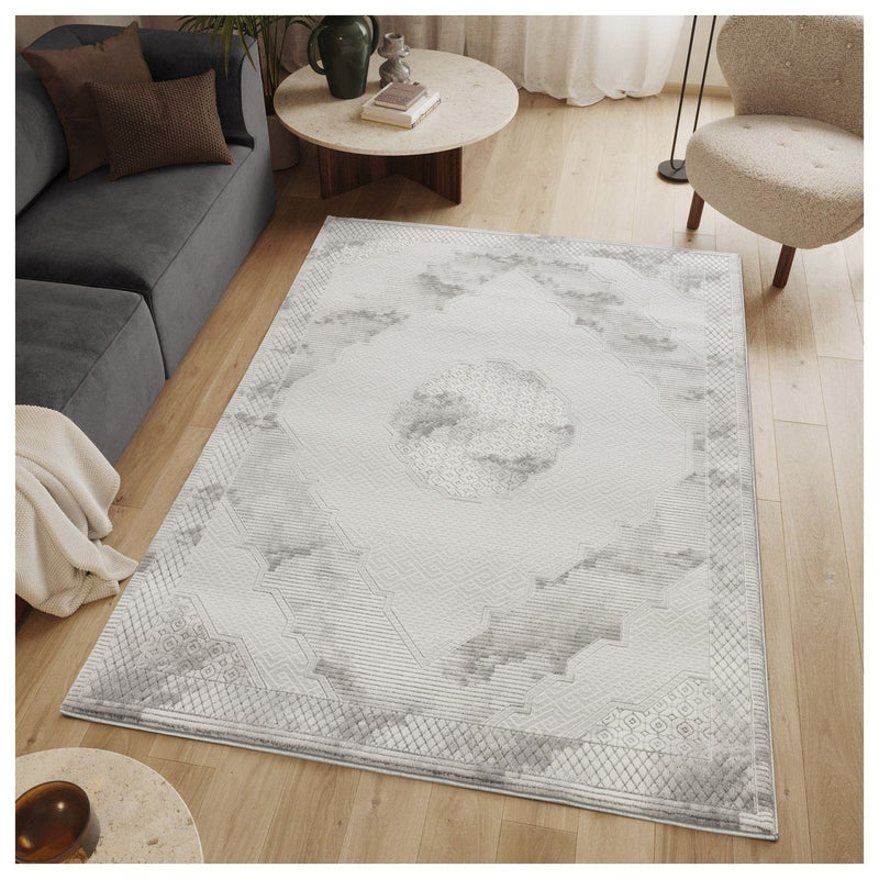 Gray geometric area rug with central medallion and tonal distressed cloud pattern