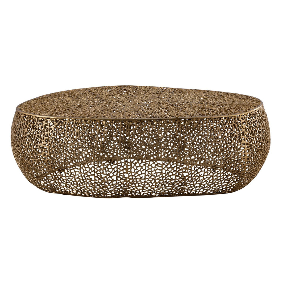 Oval coffee table in gold with speckled lattice metal texture and curved rim