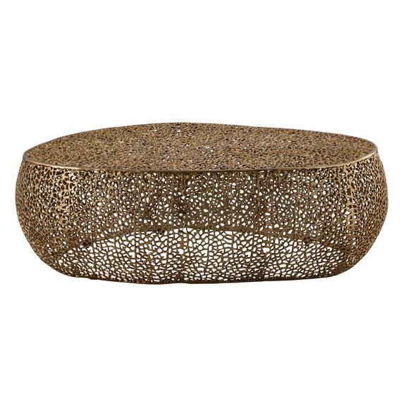 Oval coffee table in gold with speckled lattice metal texture and curved rim