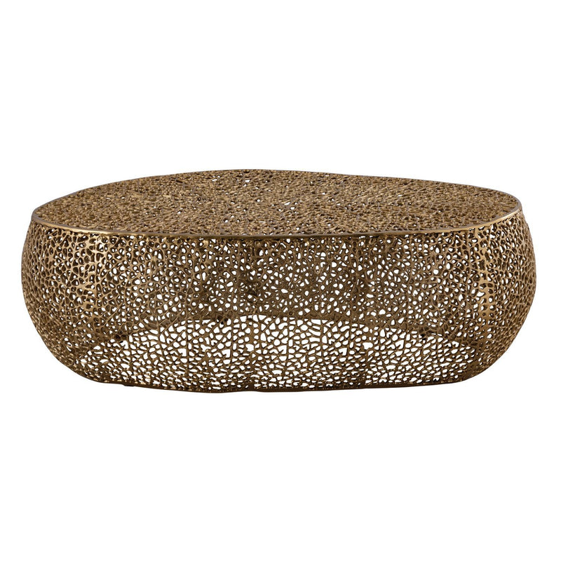 Oval coffee table in gold with speckled lattice metal texture and curved rim