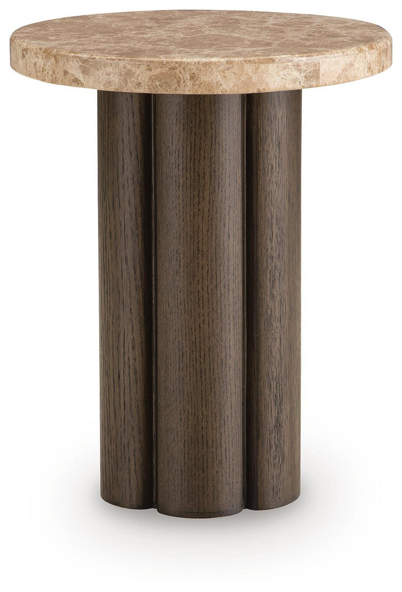 Round side end table with burnished stone top and dark brown pedestal legs