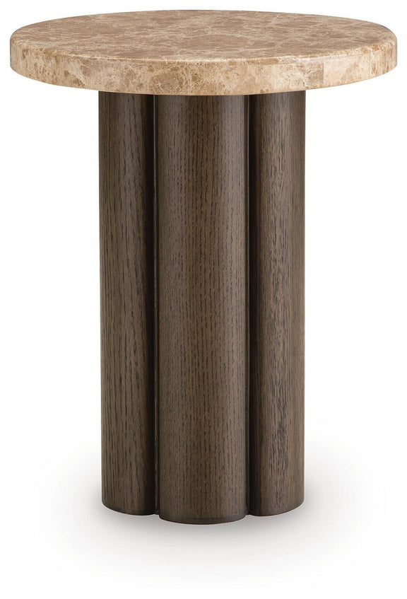 Round side end table with burnished stone top and dark brown pedestal legs
