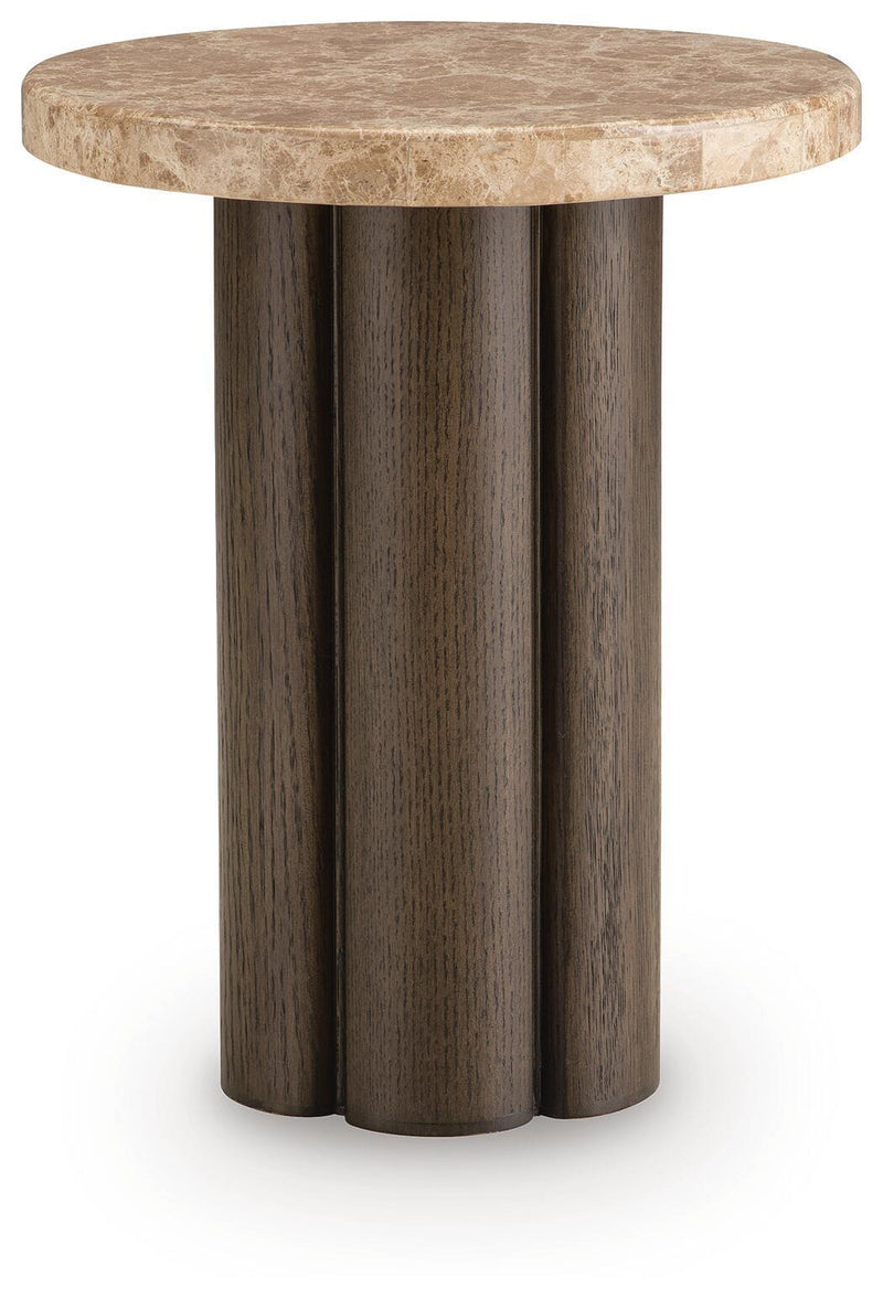 Round side end table with burnished stone top and dark brown pedestal legs