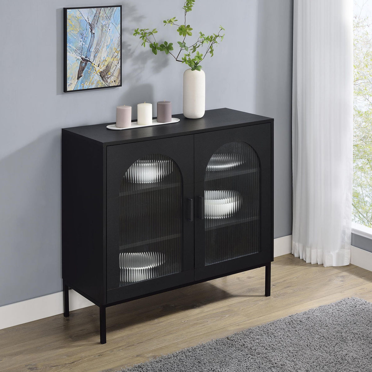 Jess 2-door Arched Fluted Glass Accent Cabinet Black