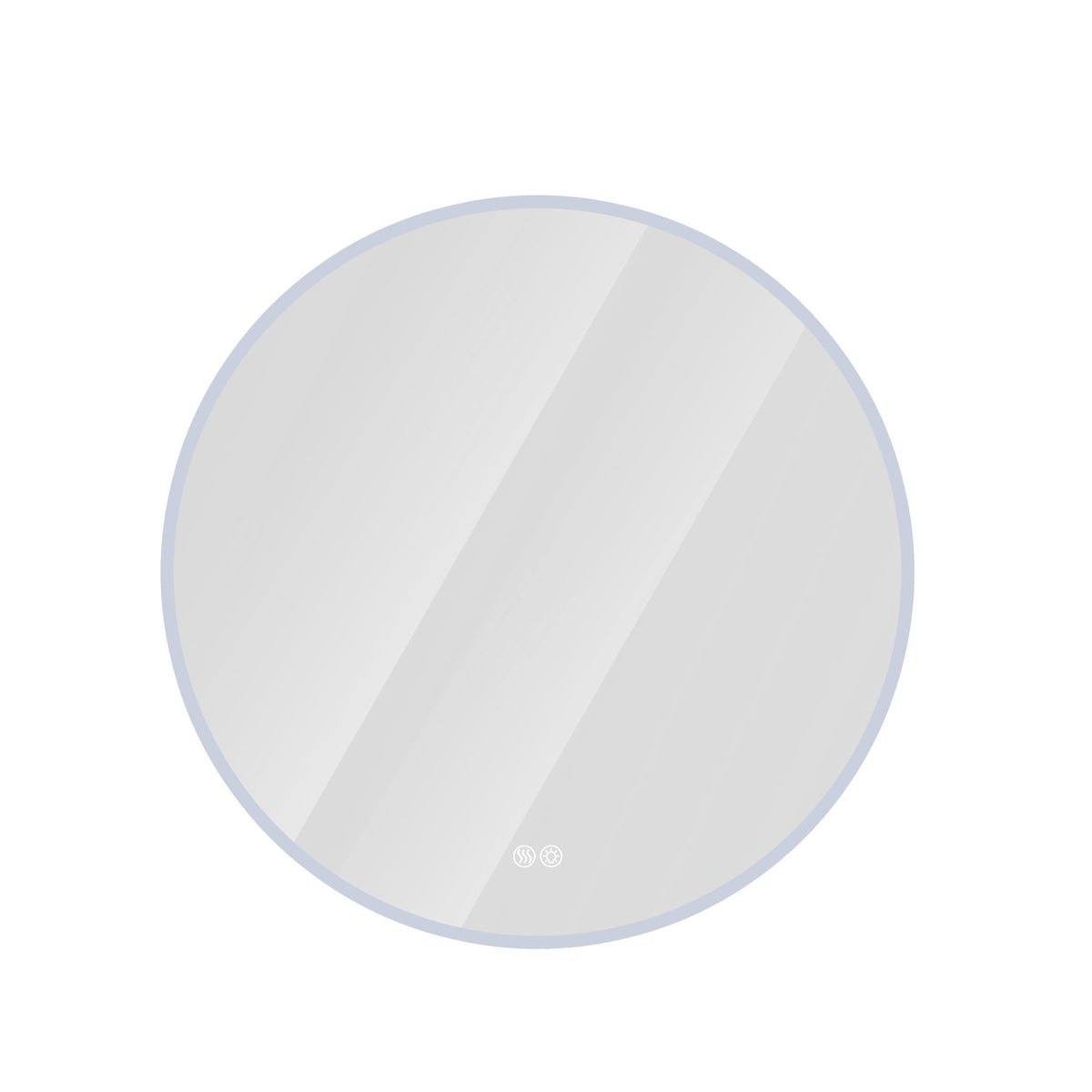 Round LED bathroom mirror, silver frame, clear anti-fog glass, touch icons at center