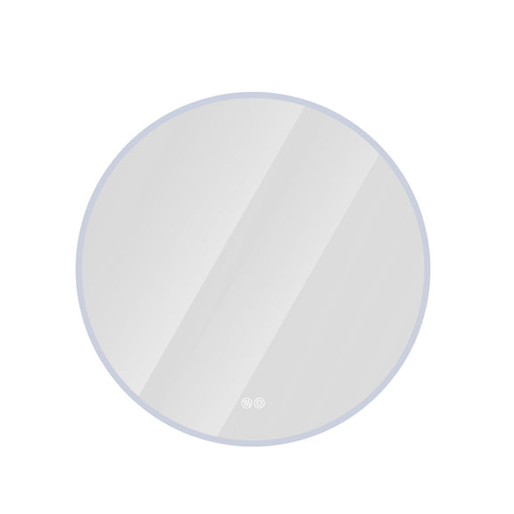 Round LED bathroom mirror, silver frame, clear anti-fog glass, touch icons at center