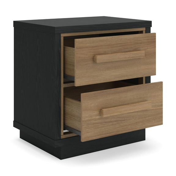 Two-drawer nightstand with one drawer open, black frame and brown drawer fronts